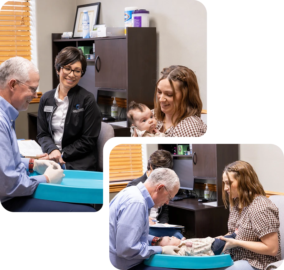 Pediatric clinic scene: a nurse smiles at a mother holding her baby as a clinician prepares a blue examination tray.