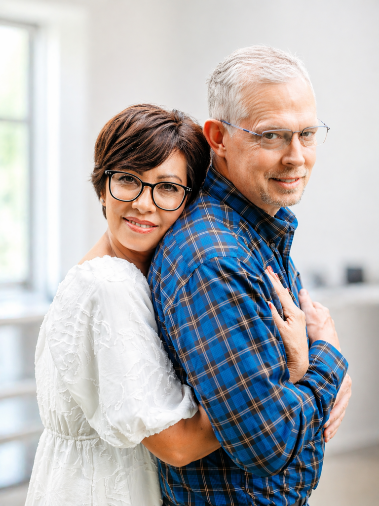 A smiling couple embraces from the side, the woman resting her head on the man's shoulder while wearing black-rimmed glasses and a white embroidered blouse, indoors.